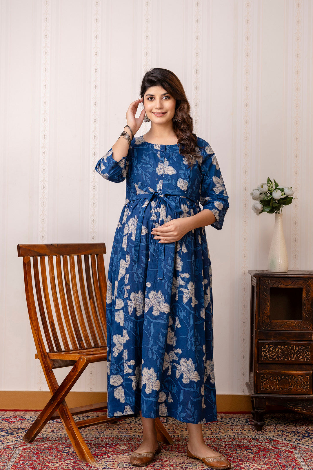 Blue Printed Maternity Dress For Women | LASVINI - Redefining Indian Fashion with Elegance