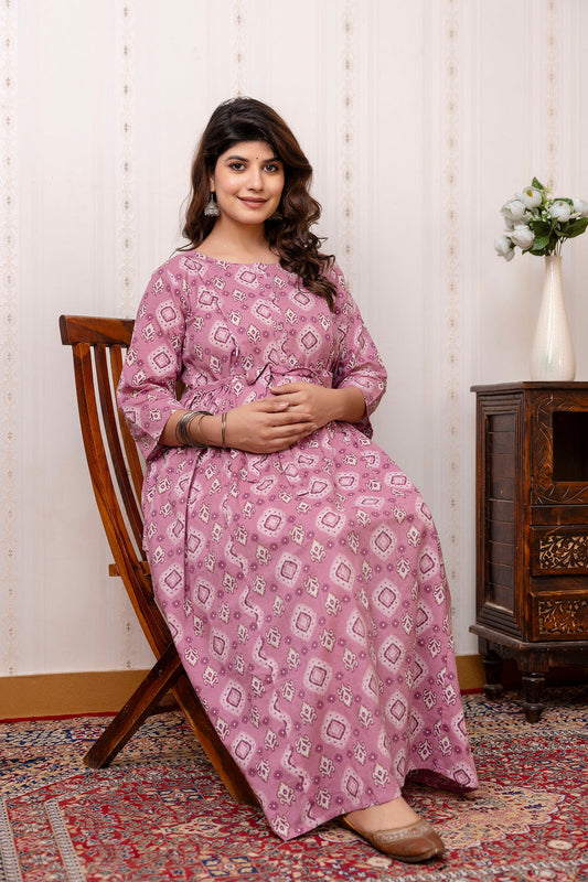Mauve Printed Maternity Dress For Women | LASVINI - Redefining Indian Fashion with Elegance