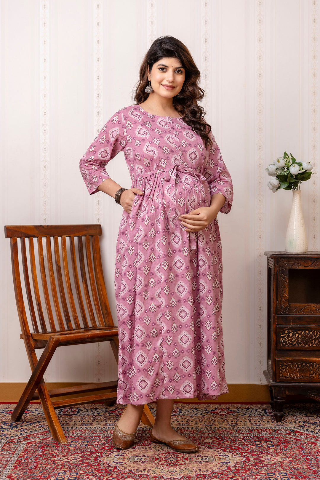 Mauve Printed Maternity Dress For Women | LASVINI - Redefining Indian Fashion with Elegance