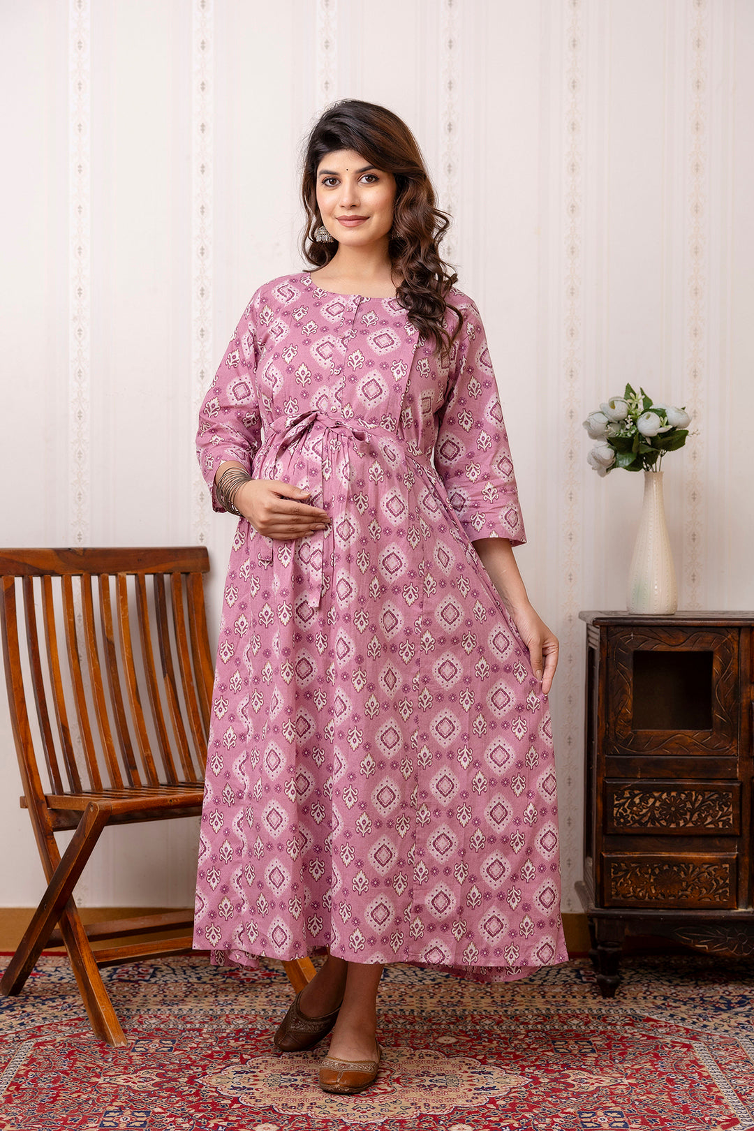 Mauve Printed Maternity Dress For Women | LASVINI - Redefining Indian Fashion with Elegance