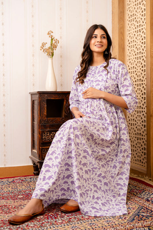 Purple Printed Maternity Dress For Women | LASVINI - Redefining Indian Fashion with Elegance