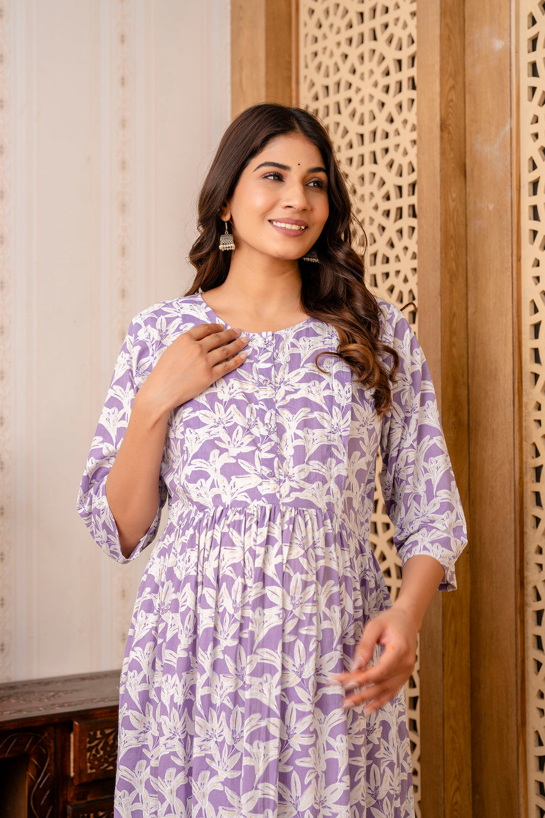 Purple Printed Maternity Dress For Women | LASVINI - Redefining Indian Fashion with Elegance