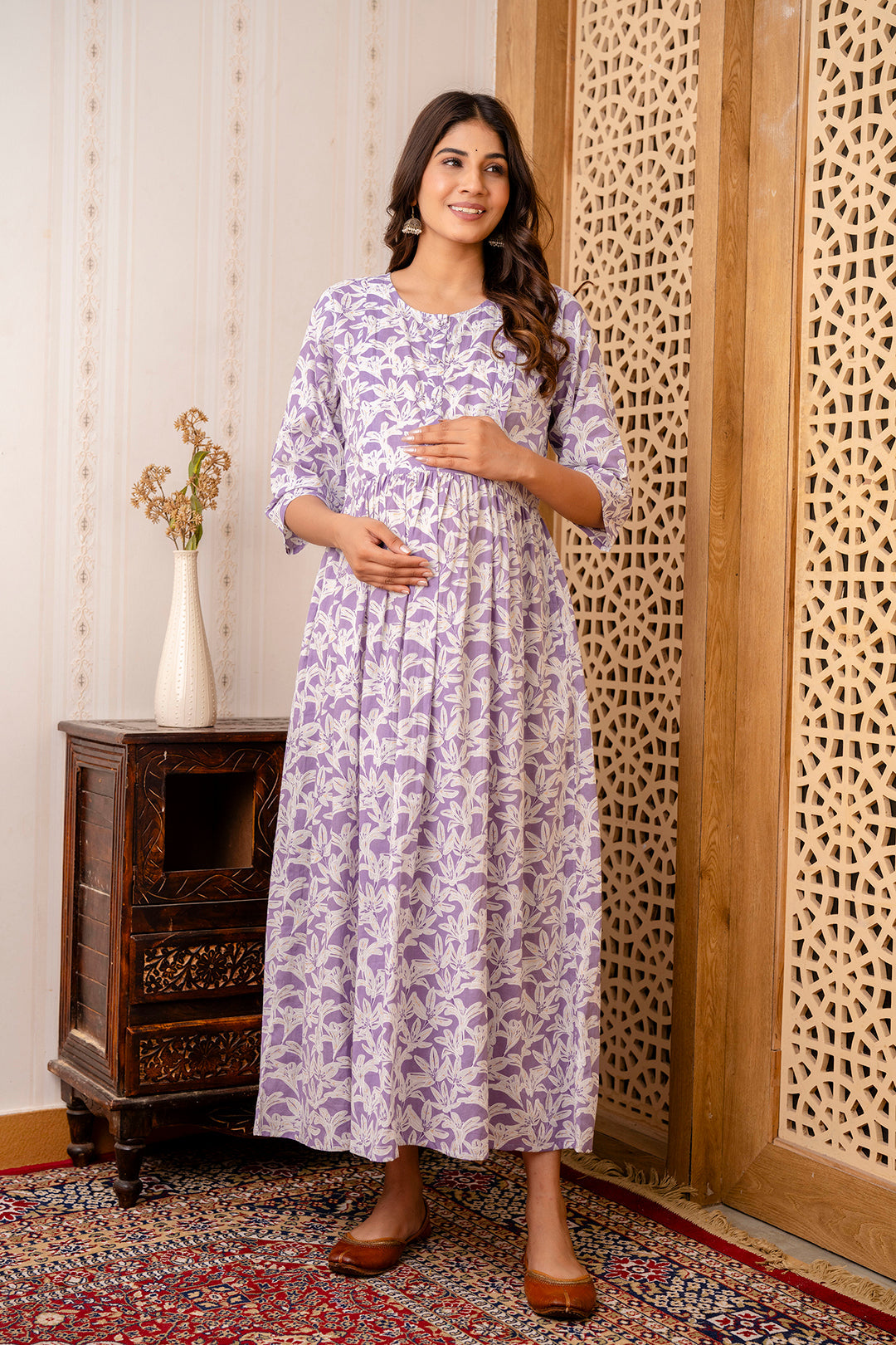 Purple Printed Maternity Dress For Women | LASVINI - Redefining Indian Fashion with Elegance