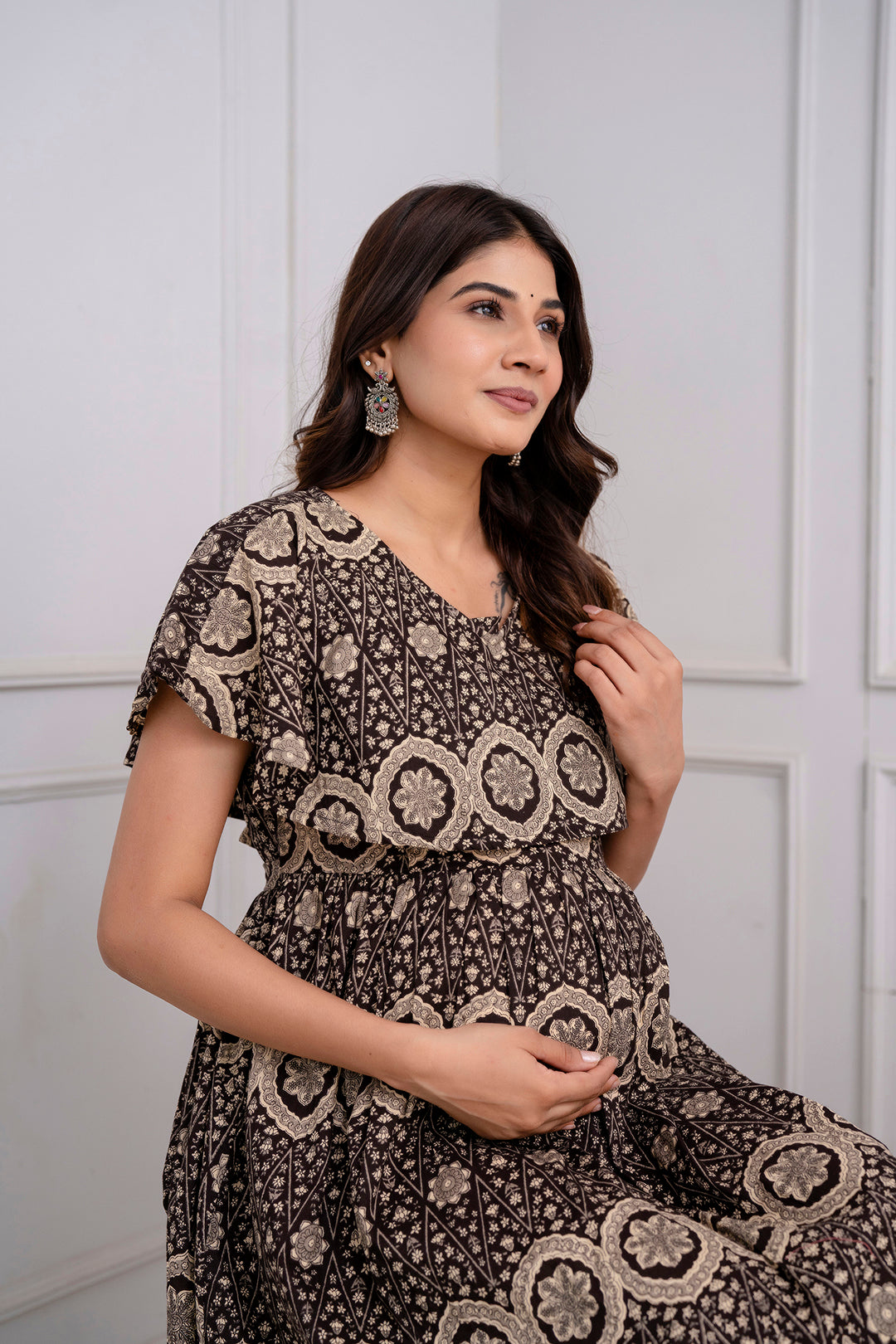 Brown Printed Maternity Dress For Women | LASVINI - Redefining Indian Fashion with Elegance