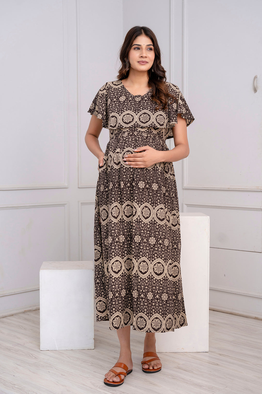 Brown Printed Maternity Dress For Women | LASVINI - Redefining Indian Fashion with Elegance