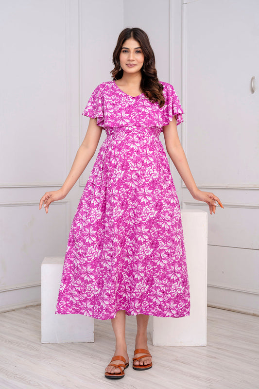 Purple Printed Maternity Dress For Women | LASVINI - Redefining Indian Fashion with Elegance