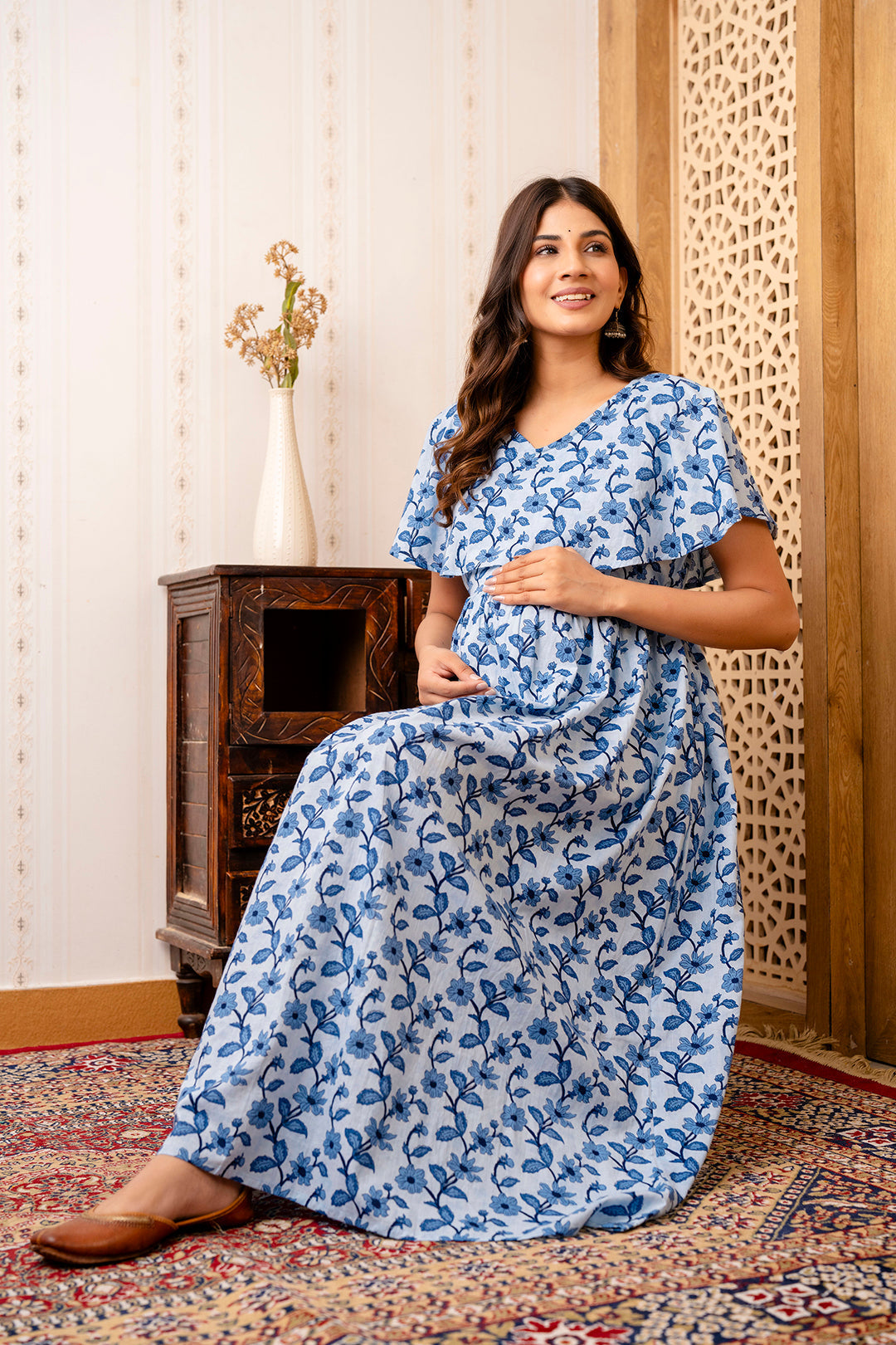 Blue Printed Maternity Dress For Women | LASVINI - Redefining Indian Fashion with Elegance