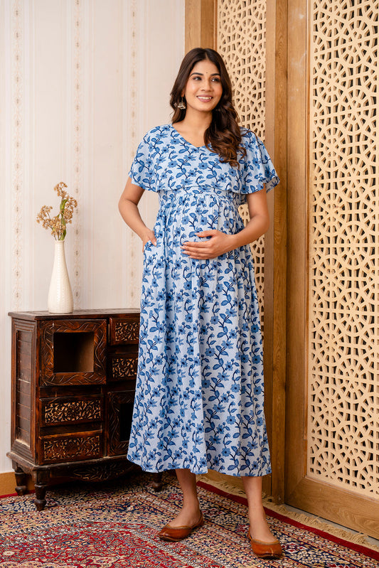 Blue Printed Maternity Dress For Women | LASVINI - Redefining Indian Fashion with Elegance