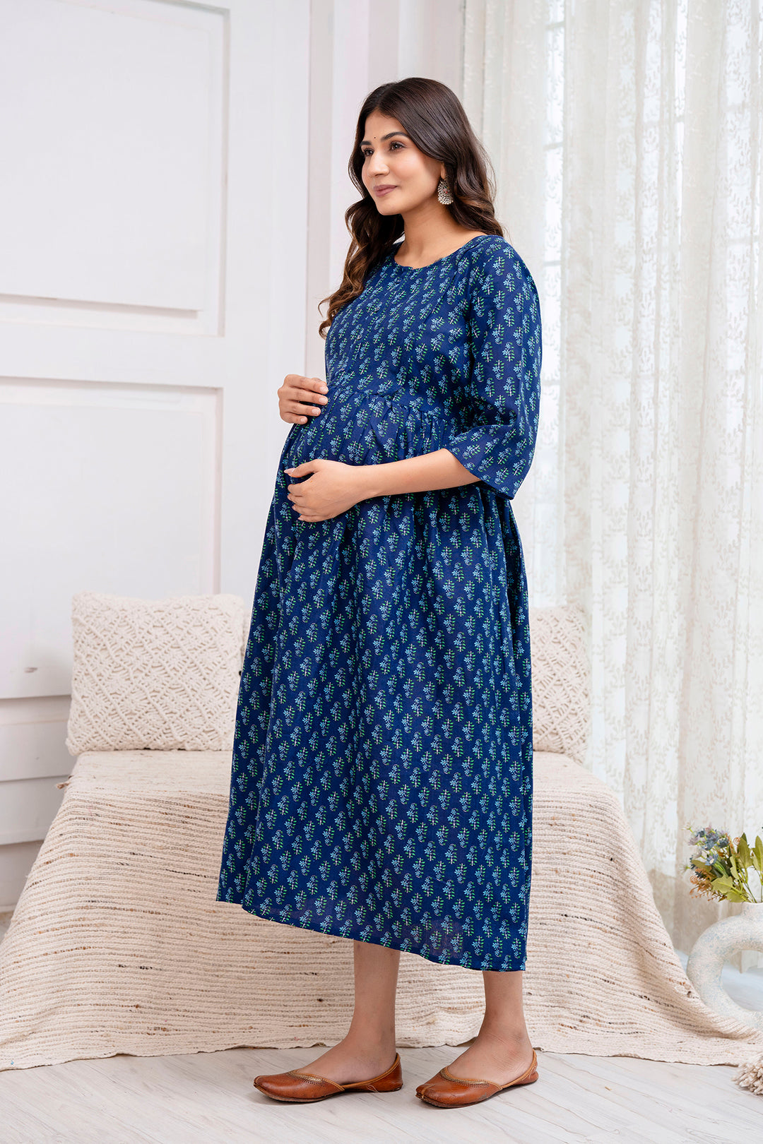 Blue Printed Maternity Dress For Women | LASVINI - Redefining Indian Fashion with Elegance