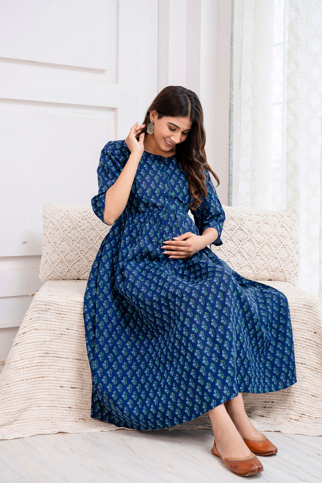 Blue Printed Maternity Dress For Women | LASVINI - Redefining Indian Fashion with Elegance