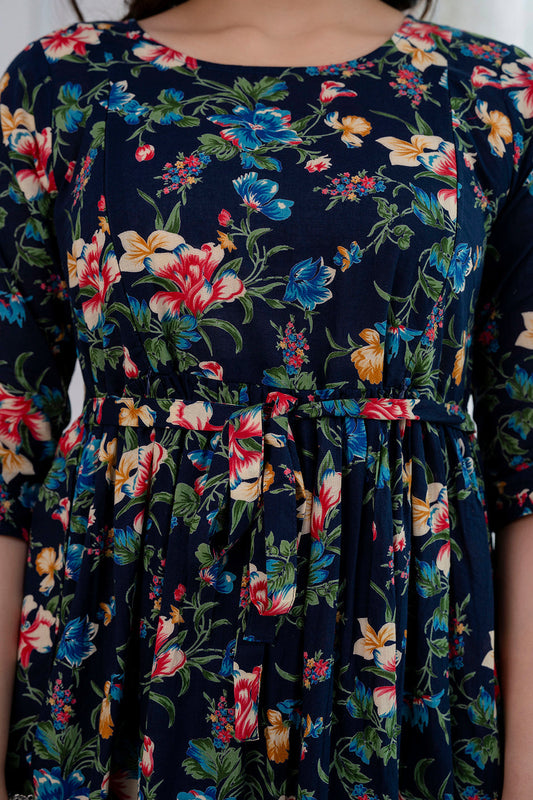 Navy Blue Printed Maternity Dress For Women | LASVINI - Redefining Indian Fashion with Elegance