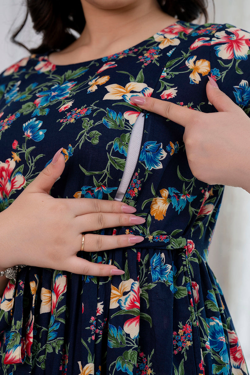 Navy Blue Printed Maternity Dress For Women | LASVINI - Redefining Indian Fashion with Elegance