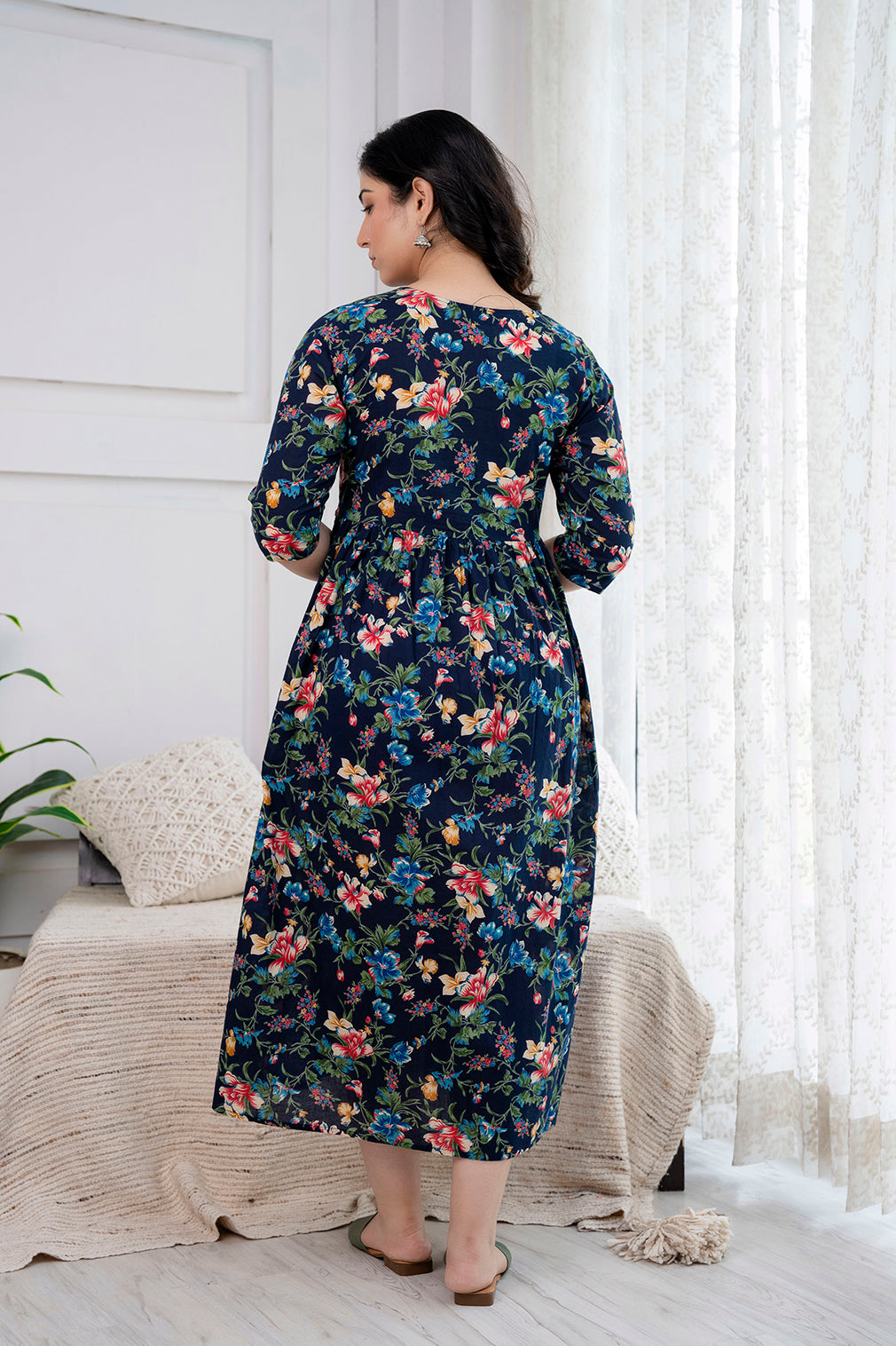 Navy Blue Printed Maternity Dress For Women | LASVINI - Redefining Indian Fashion with Elegance