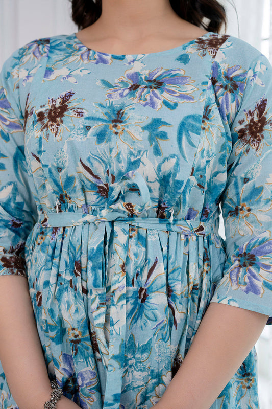 Blue Printed Maternity Dress For Women | LASVINI - Redefining Indian Fashion with Elegance