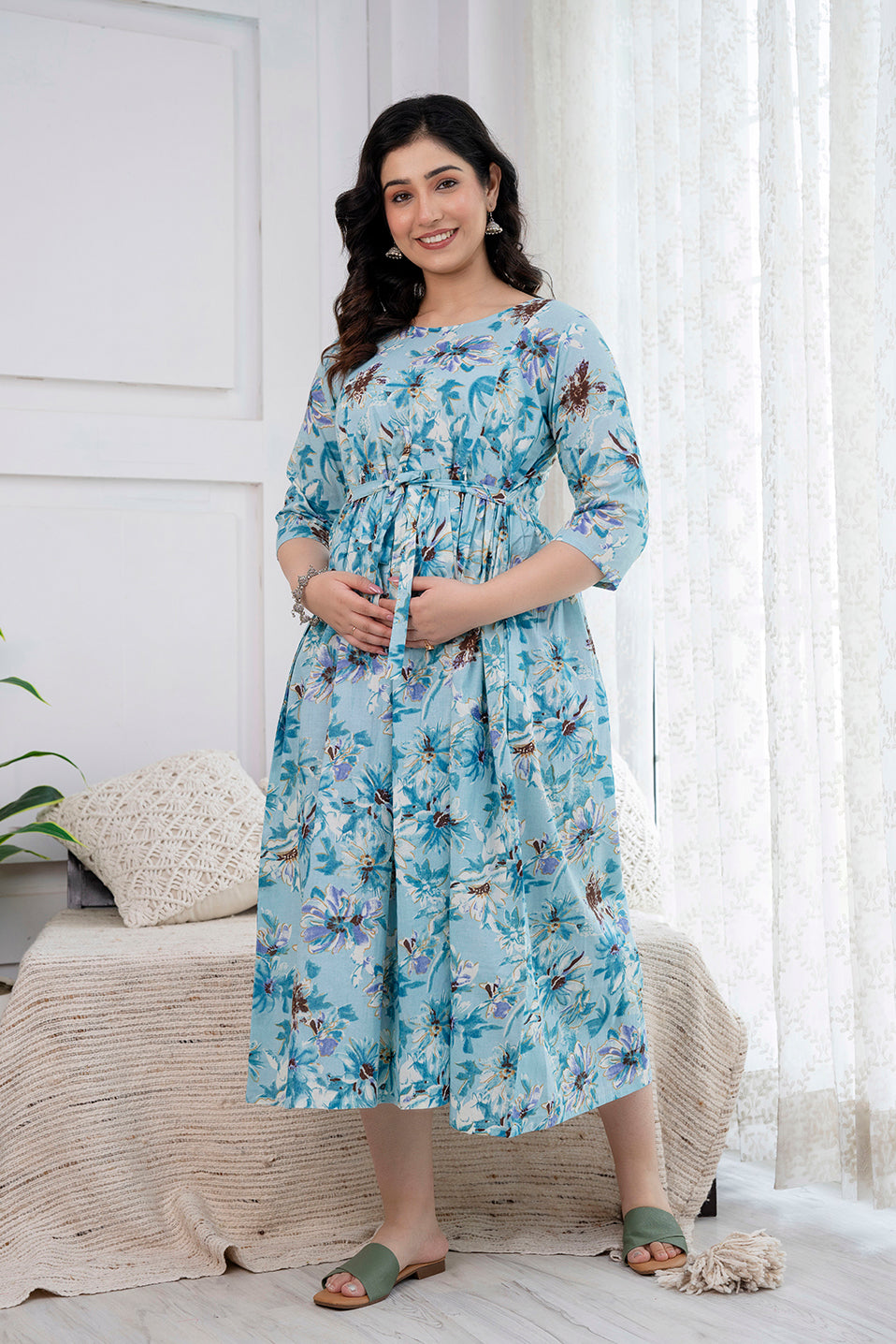 Blue Printed Maternity Dress For Women | LASVINI - Redefining Indian Fashion with Elegance
