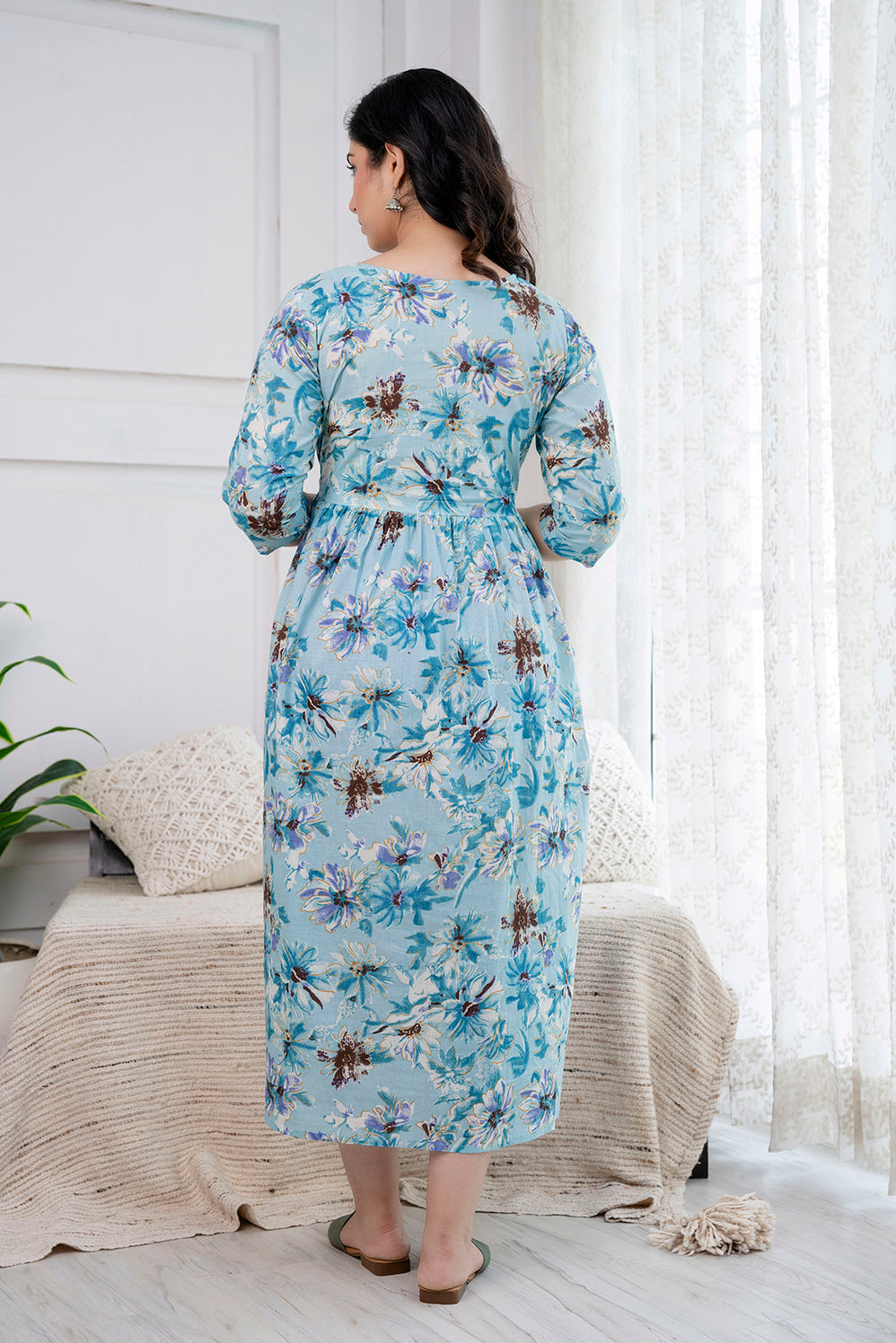 Blue Printed Maternity Dress For Women | LASVINI - Redefining Indian Fashion with Elegance
