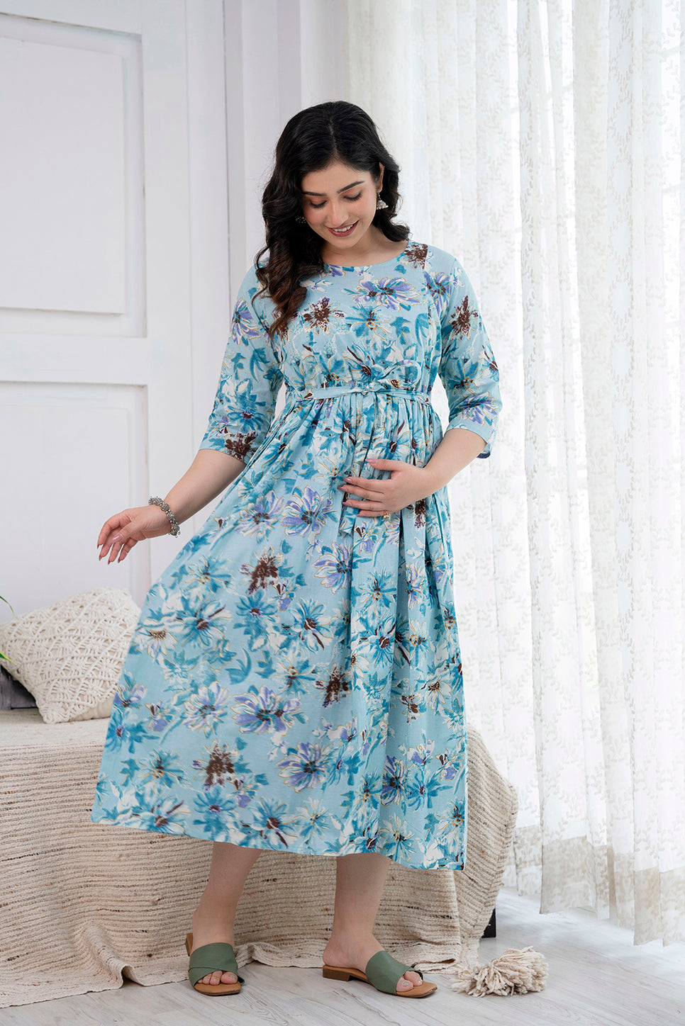 Blue Printed Maternity Dress For Women | LASVINI - Redefining Indian Fashion with Elegance