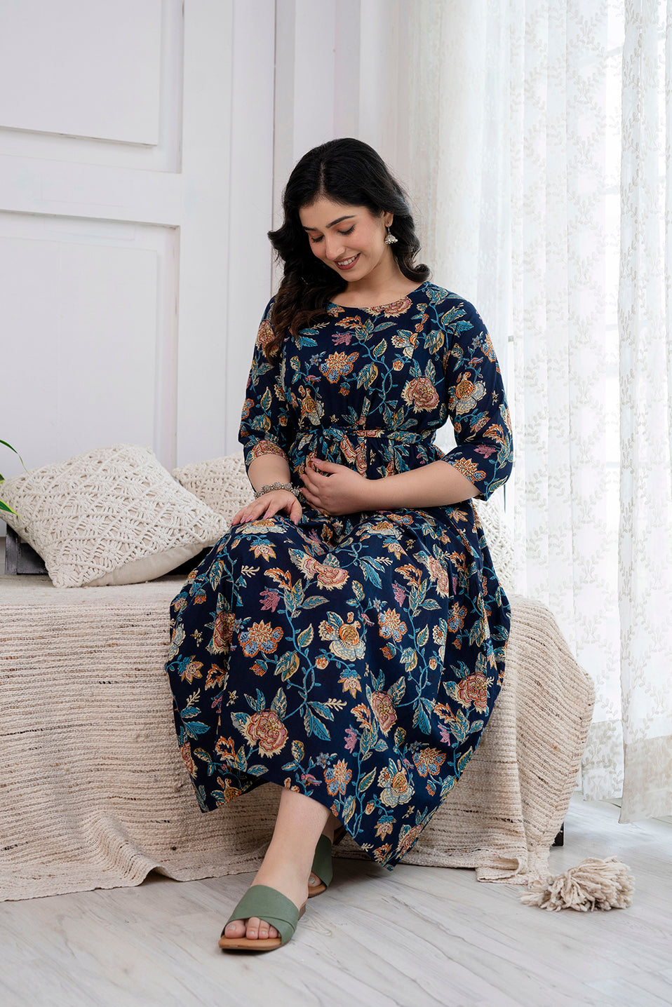 Navy Blue Printed Maternity Dress For Women | LASVINI - Redefining Indian Fashion with Elegance
