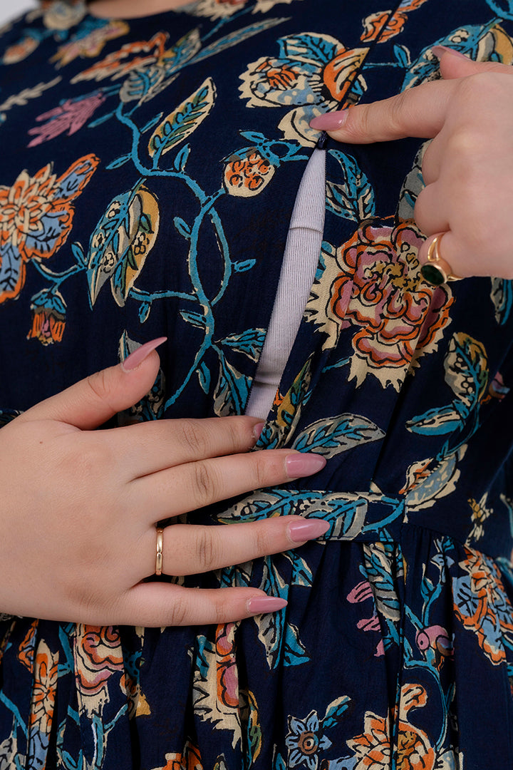 Navy Blue Printed Maternity Dress For Women | LASVINI - Redefining Indian Fashion with Elegance