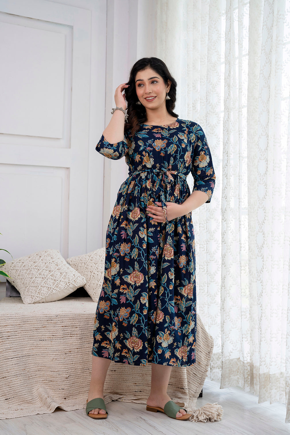 Navy Blue Printed Maternity Dress For Women | LASVINI - Redefining Indian Fashion with Elegance