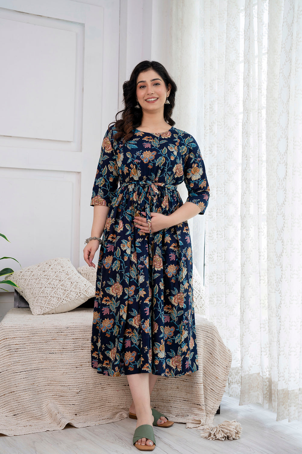Navy Blue Printed Maternity Dress For Women | LASVINI - Redefining Indian Fashion with Elegance