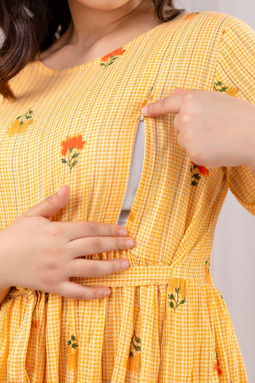 Yellow Printed Maternity Dress For Women | LASVINI - Redefining Indian Fashion with Elegance