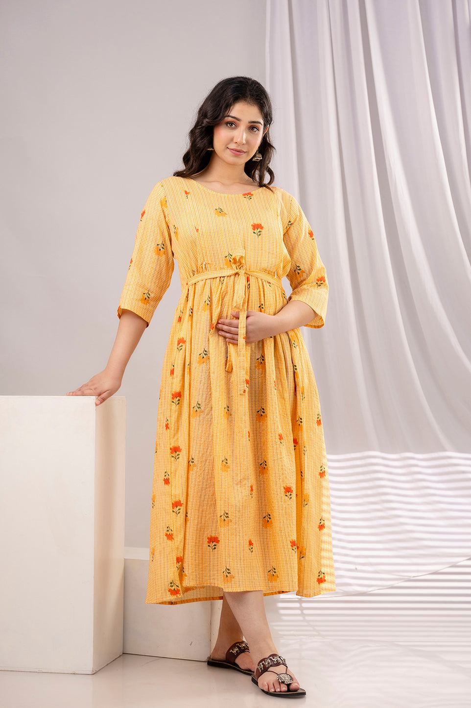Yellow Printed Maternity Dress For Women | LASVINI - Redefining Indian Fashion with Elegance