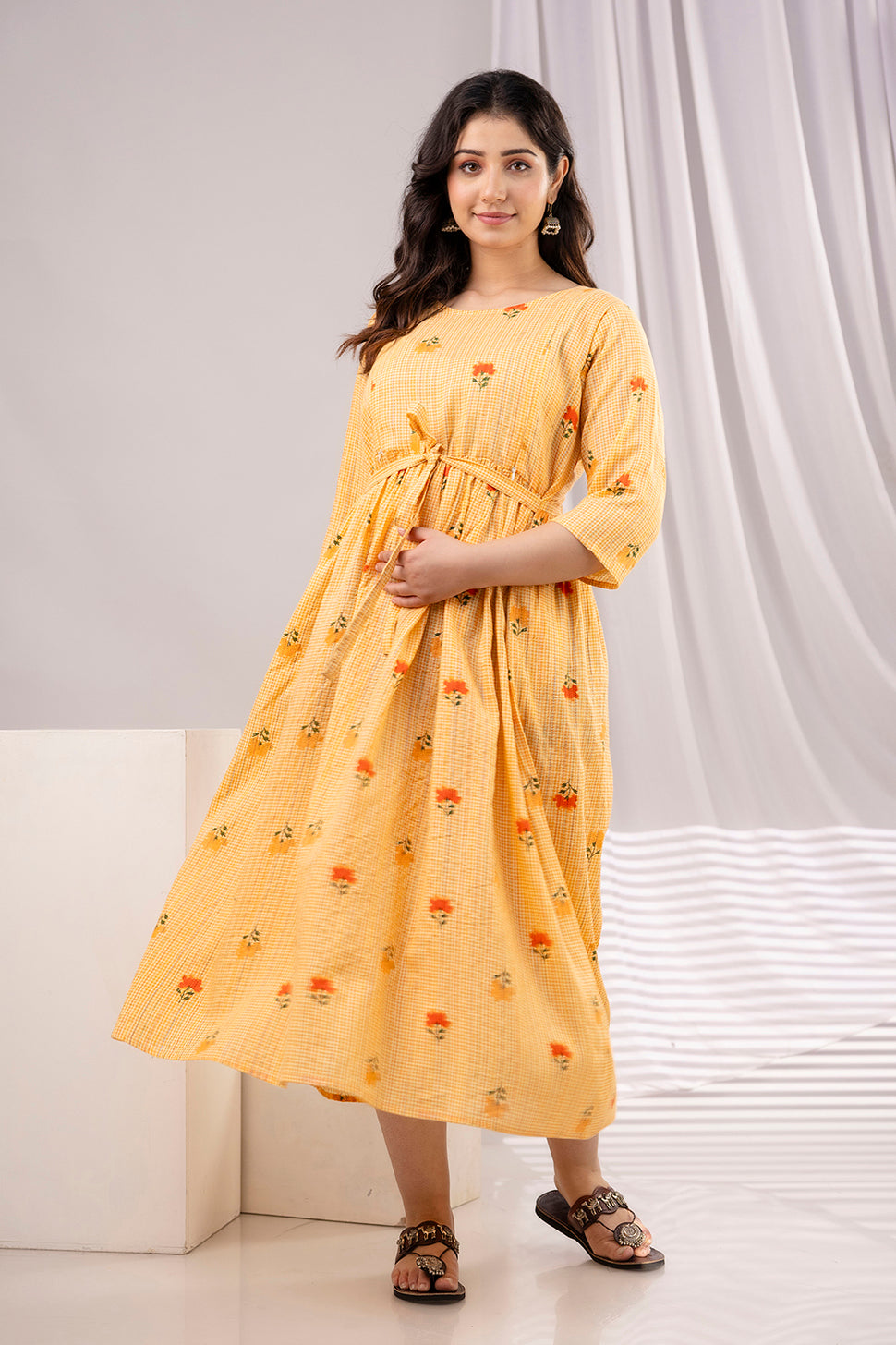 Yellow Printed Maternity Dress For Women | LASVINI - Redefining Indian Fashion with Elegance