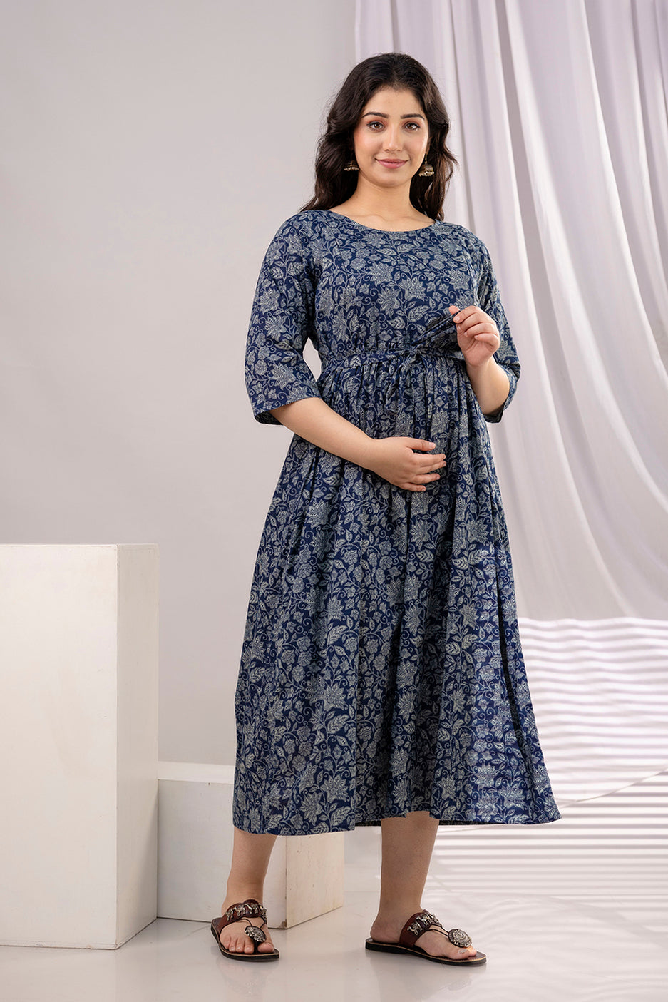 Navy Blue Printed Maternity Dress For Women | LASVINI - Redefining Indian Fashion with Elegance