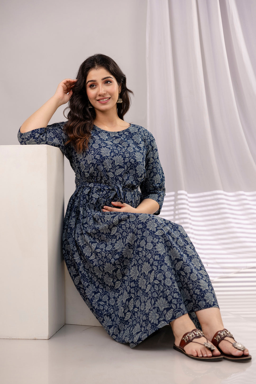 Navy Blue Printed Maternity Dress For Women | LASVINI - Redefining Indian Fashion with Elegance