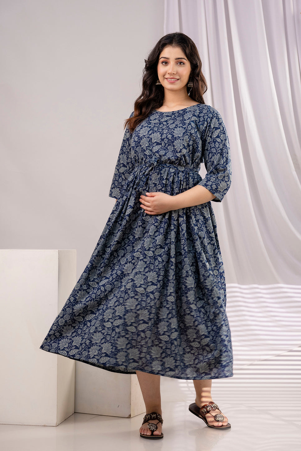 Navy Blue Printed Maternity Dress For Women | LASVINI - Redefining Indian Fashion with Elegance