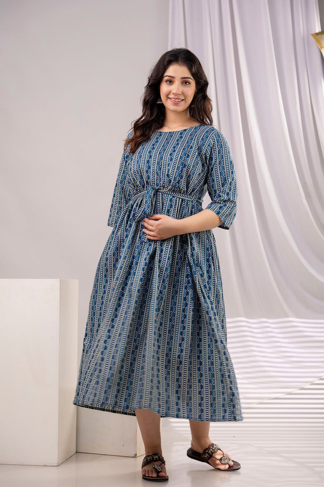 Navy Blue Printed Maternity Dress For Women | LASVINI - Redefining Indian Fashion with Elegance
