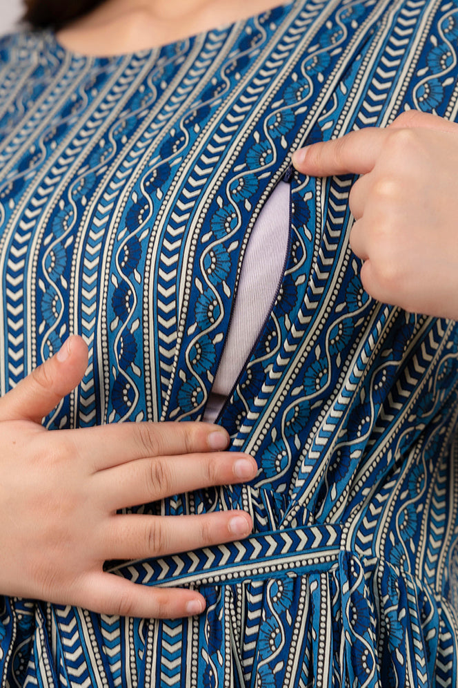 Navy Blue Printed Maternity Dress For Women | LASVINI - Redefining Indian Fashion with Elegance