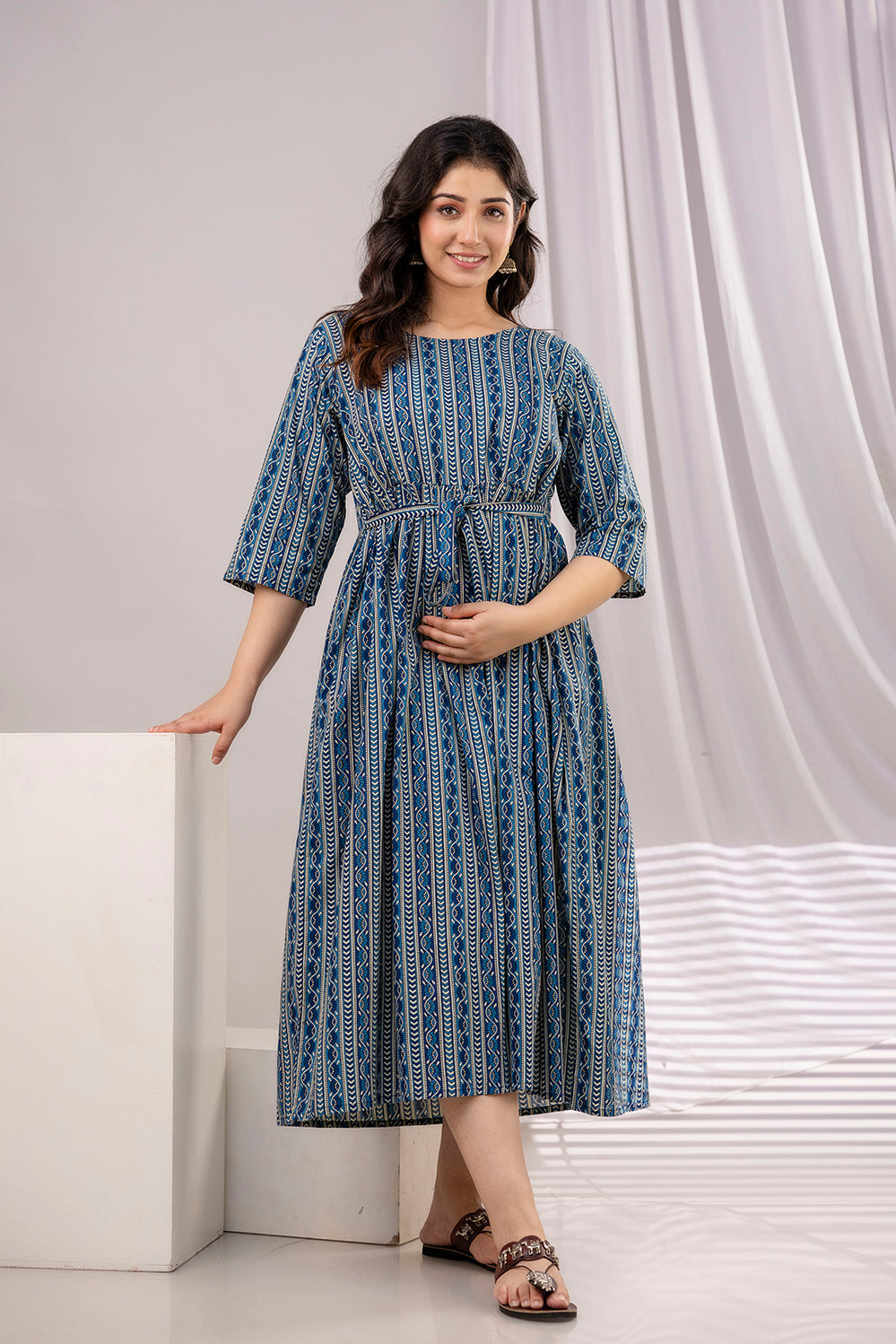 Navy Blue Printed Maternity Dress For Women | LASVINI - Redefining Indian Fashion with Elegance