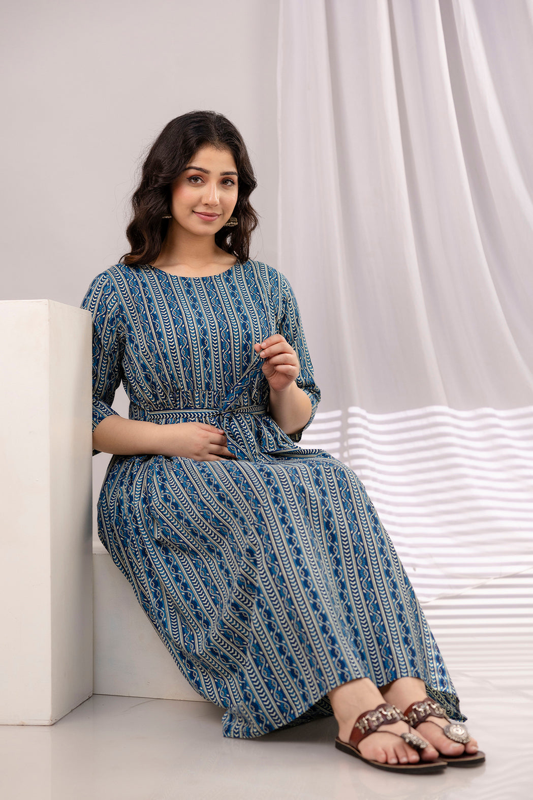 Navy Blue Printed Maternity Dress For Women | LASVINI - Redefining Indian Fashion with Elegance