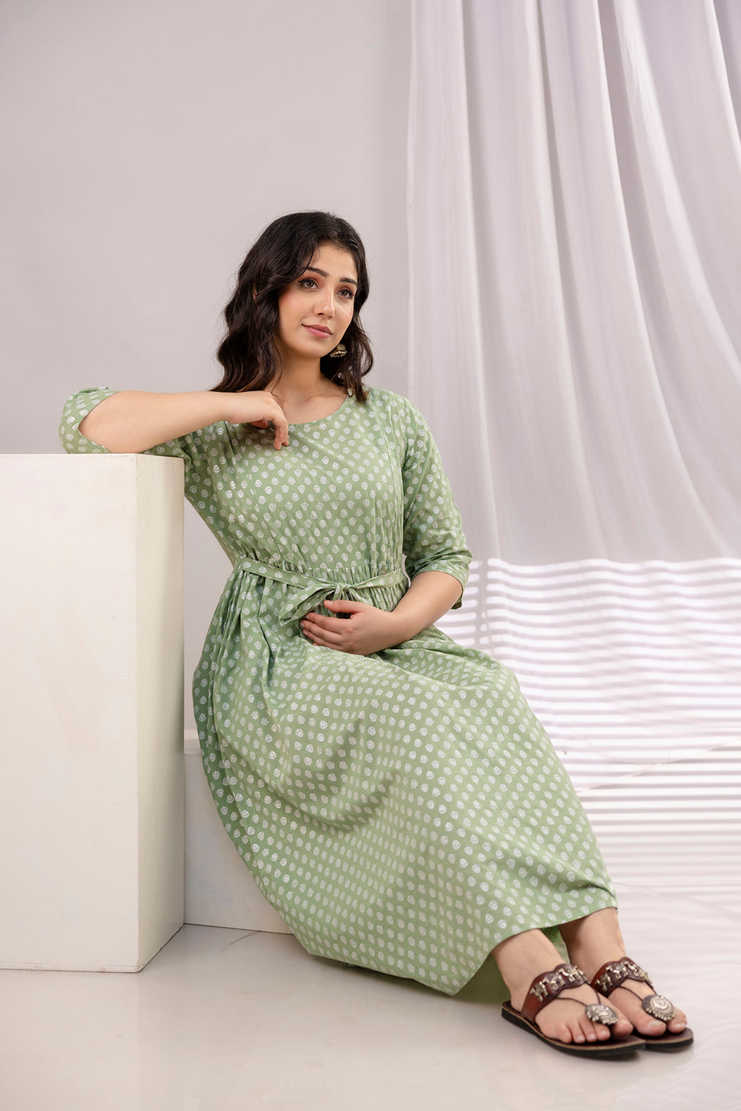 Green Printed Maternity Dress For Women | LASVINI - Redefining Indian Fashion with Elegance