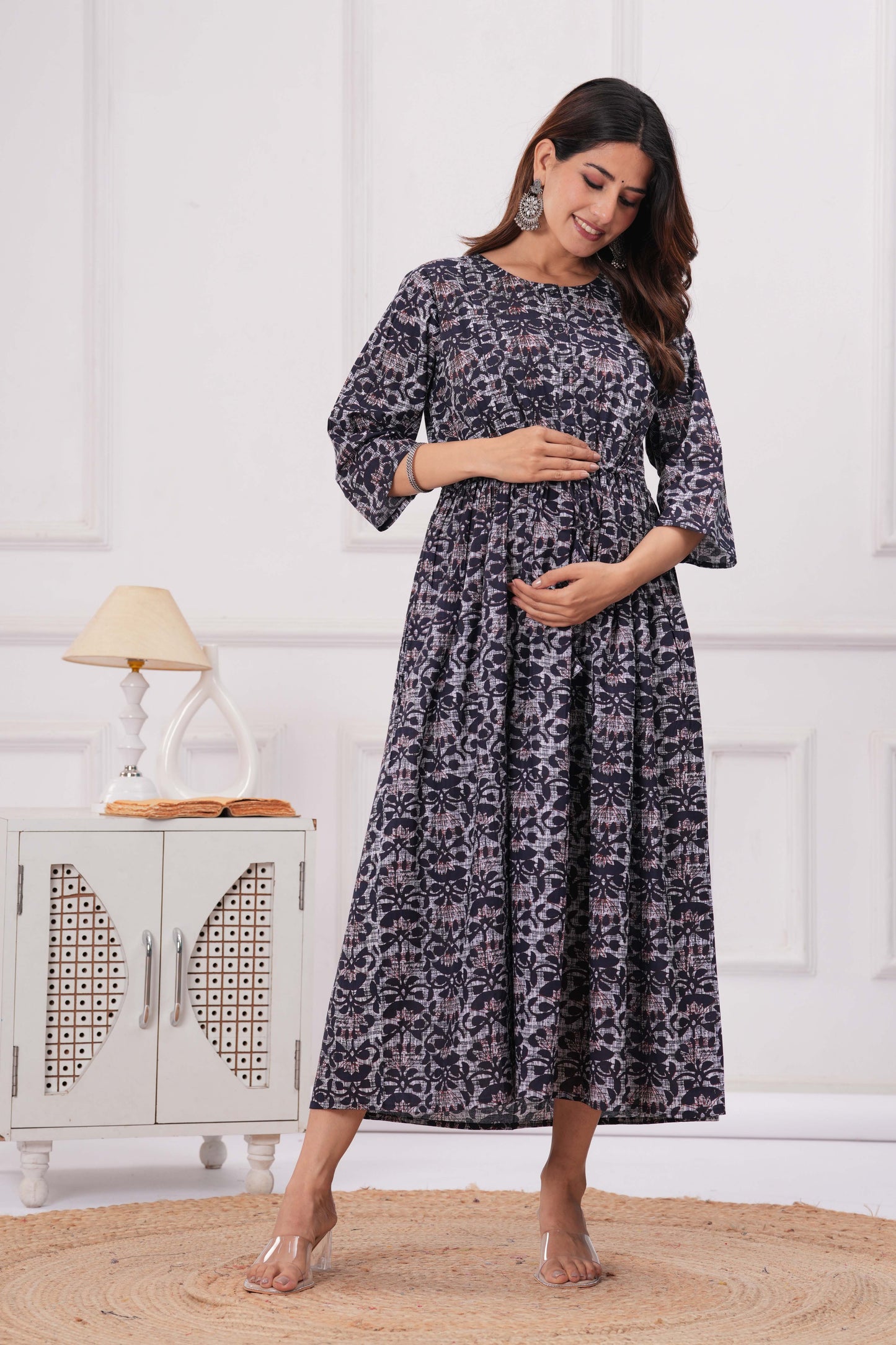 Blue Printed Maternity Dress For Women | LASVINI - Redefining Indian Fashion with Elegance