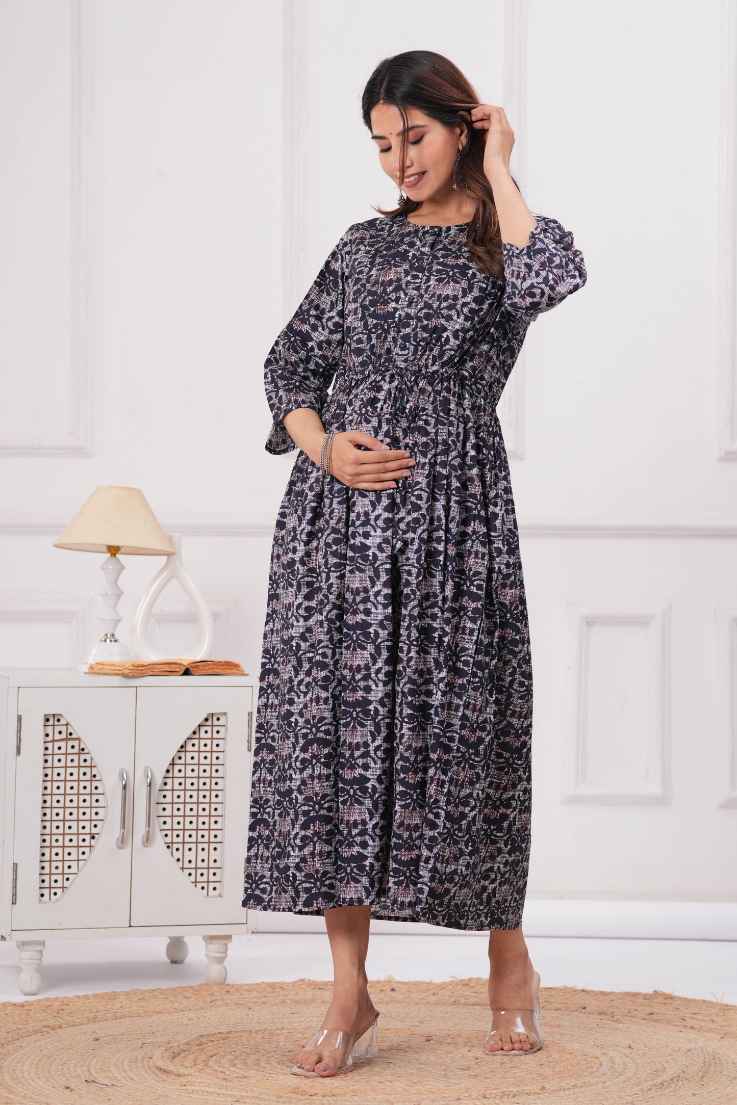 Blue Printed Maternity Dress For Women | LASVINI - Redefining Indian Fashion with Elegance