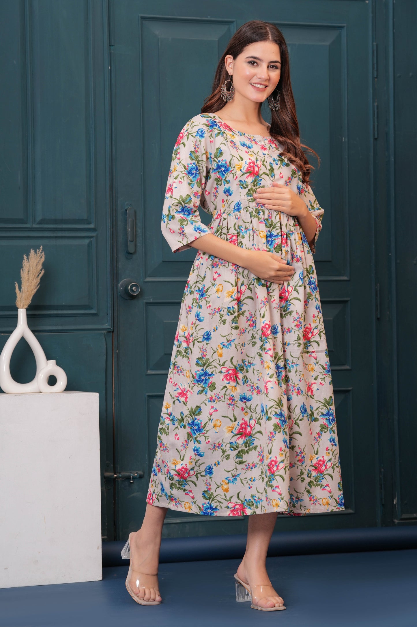 Women Beige Printed Flared Maternity Dress | LASVINI - Redefining Indian Fashion with Elegance