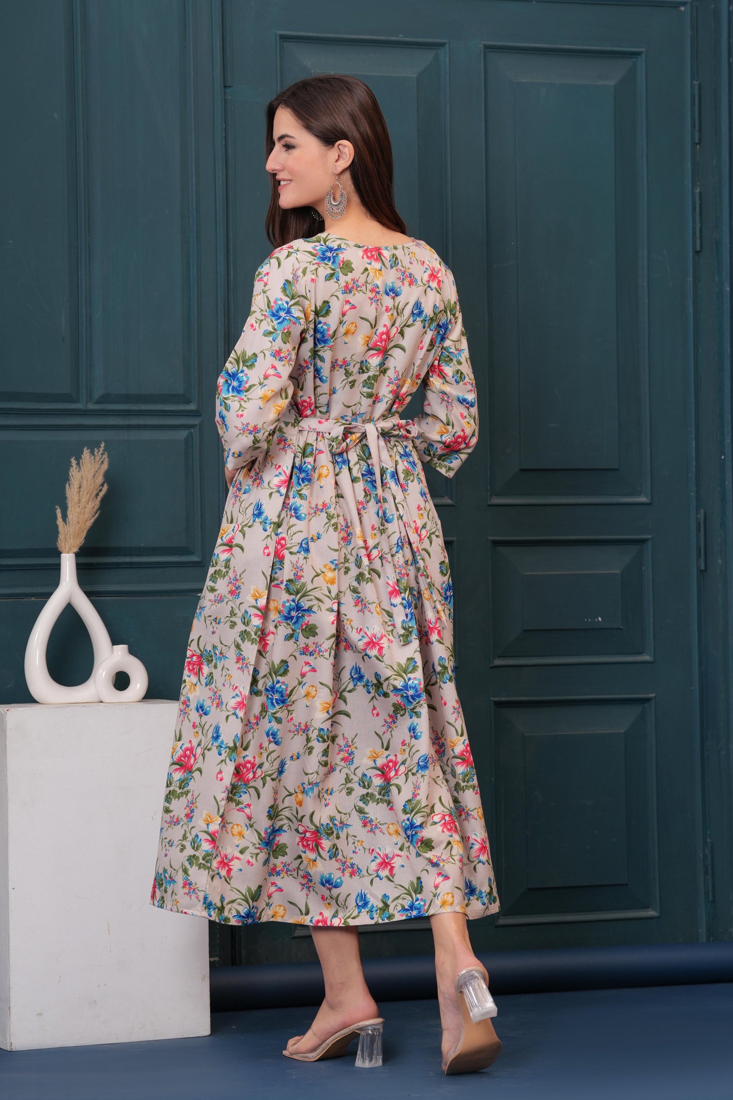 Women Beige Printed Flared Maternity Dress | LASVINI - Redefining Indian Fashion with Elegance