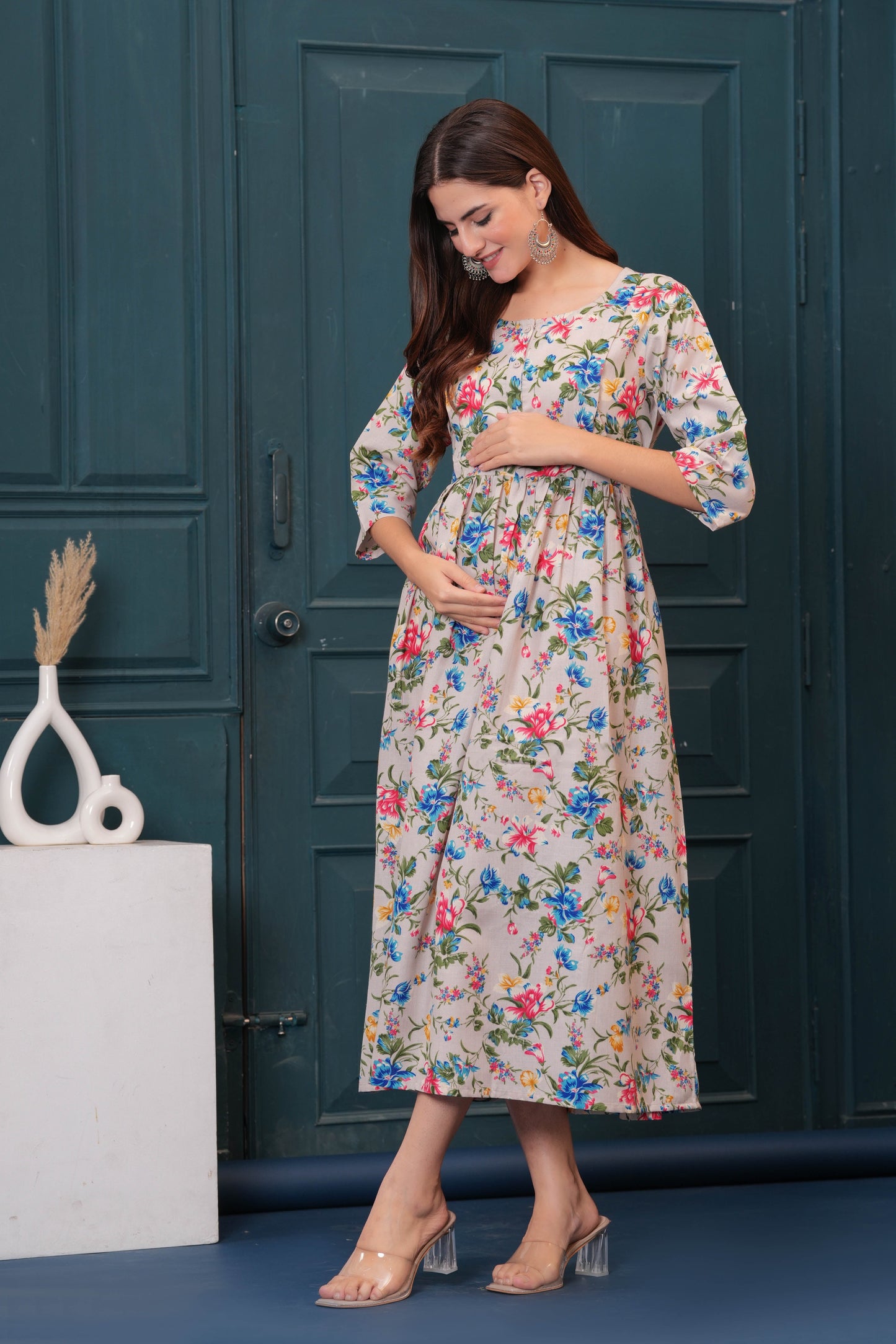 Women Beige Printed Flared Maternity Dress | LASVINI - Redefining Indian Fashion with Elegance