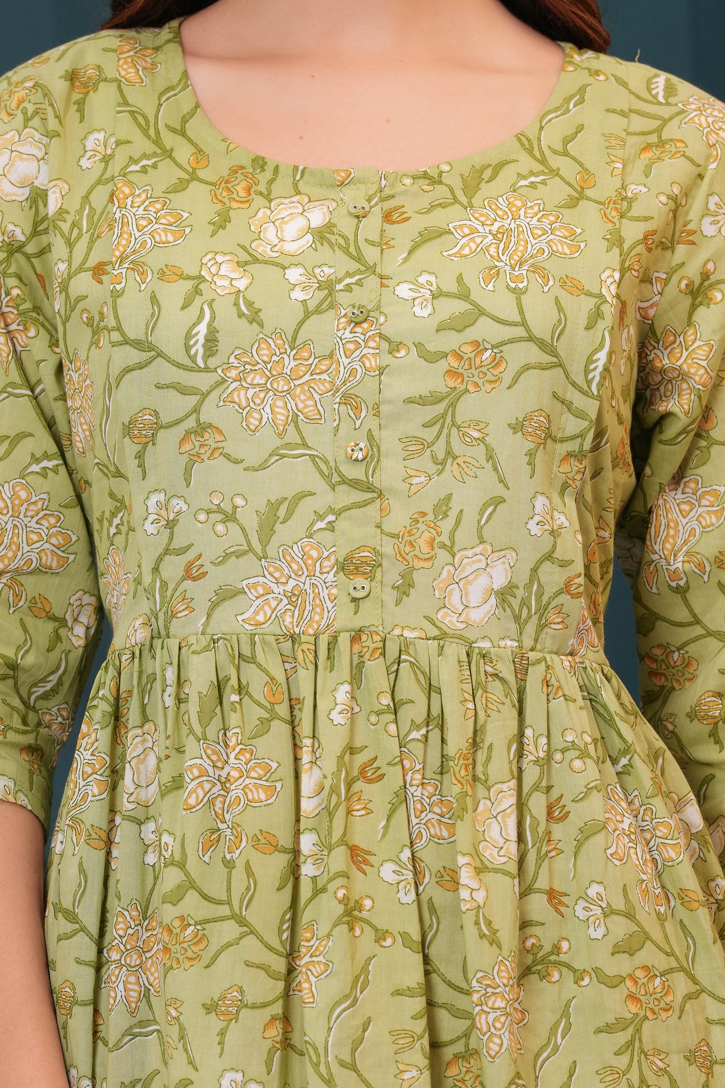 Women Green Printed Flared Maternity Dress | LASVINI - Redefining Indian Fashion with Elegance