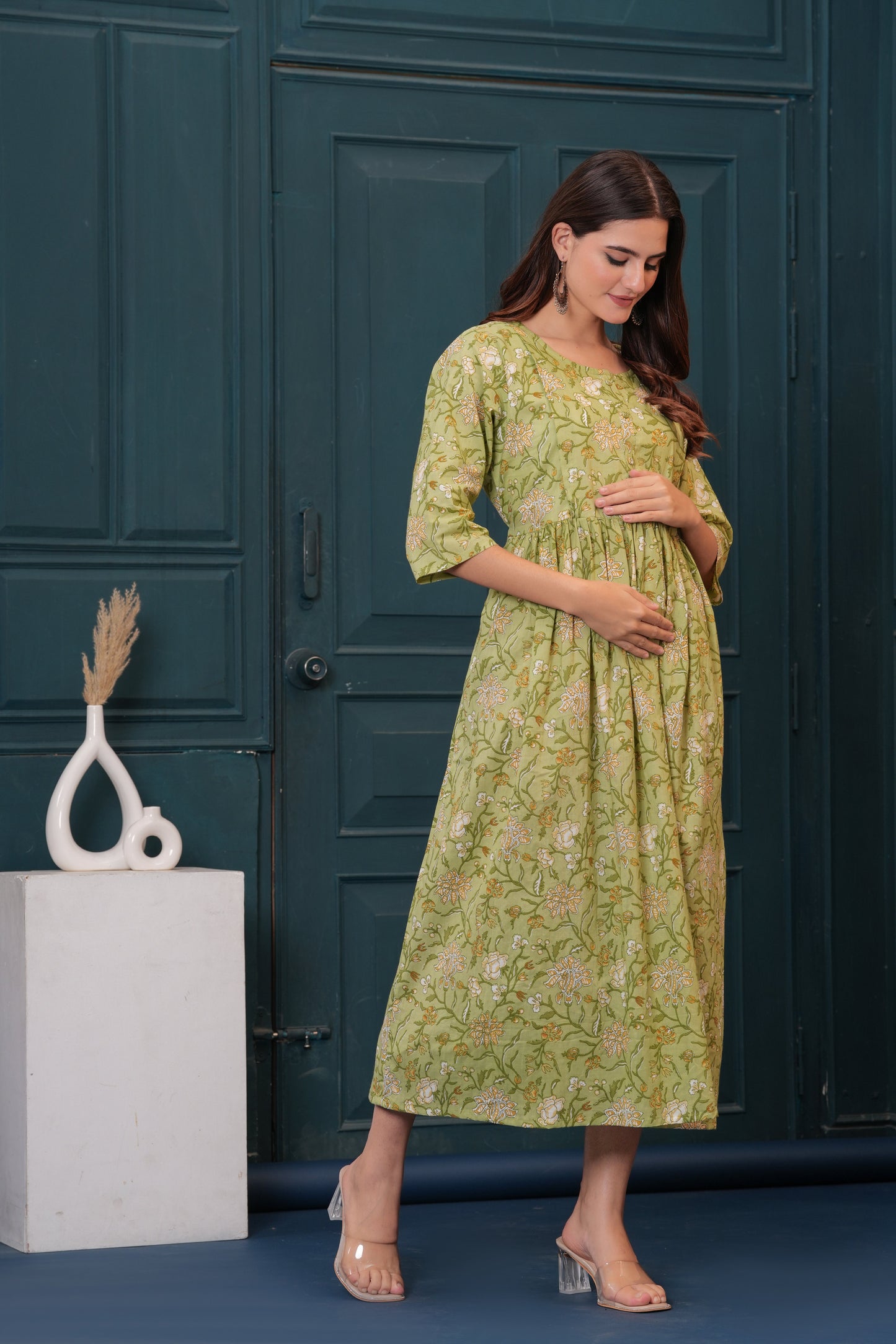 Women Green Printed Flared Maternity Dress | LASVINI - Redefining Indian Fashion with Elegance