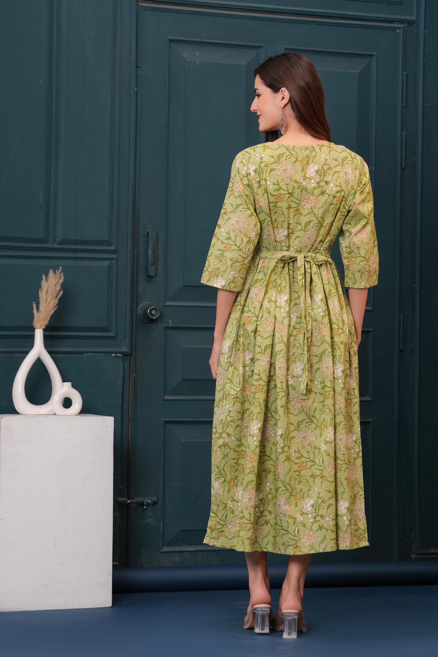Women Green Printed Flared Maternity Dress | LASVINI - Redefining Indian Fashion with Elegance
