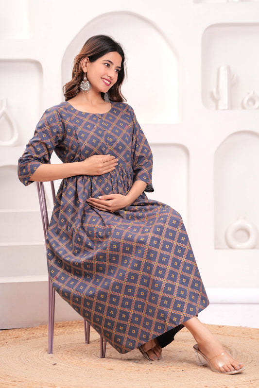 Women Grey Printed Flared Maternity Dress | LASVINI - Redefining Indian Fashion with Elegance