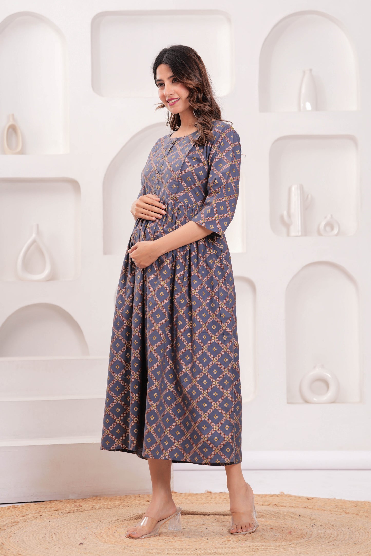 Women Grey Printed Flared Maternity Dress | LASVINI - Redefining Indian Fashion with Elegance