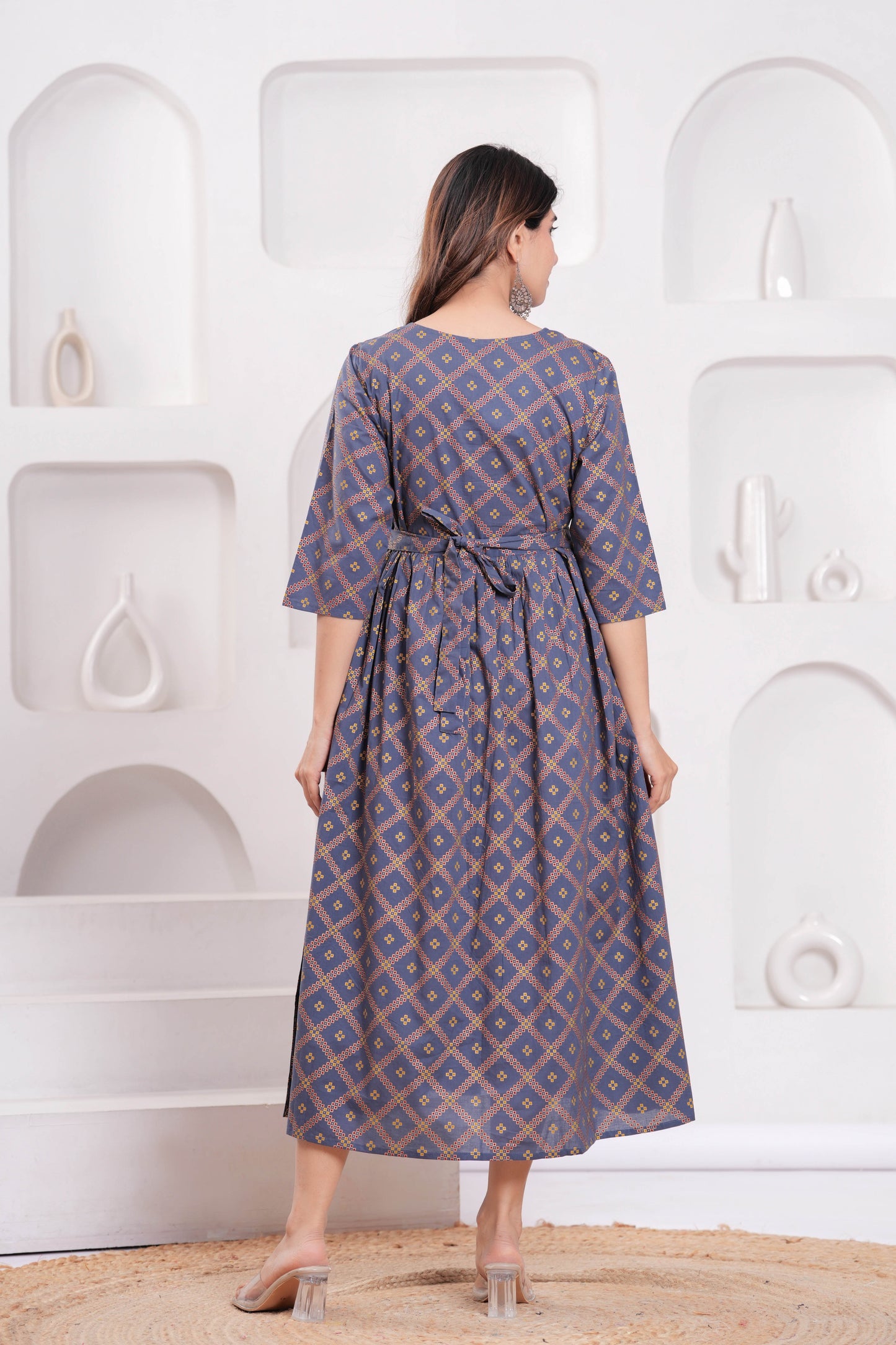 Women Grey Printed Flared Maternity Dress | LASVINI - Redefining Indian Fashion with Elegance