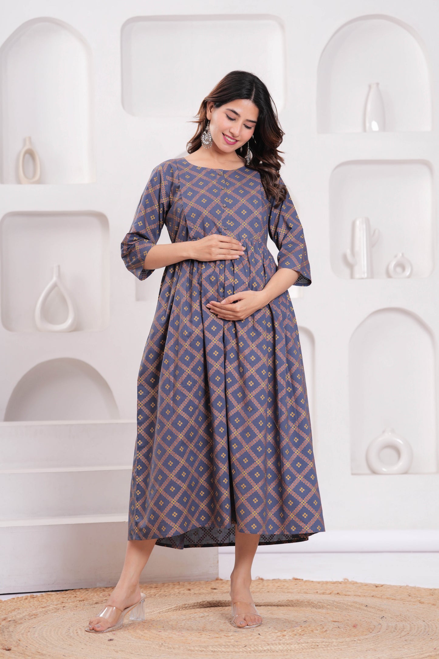 Women Grey Printed Flared Maternity Dress | LASVINI - Redefining Indian Fashion with Elegance