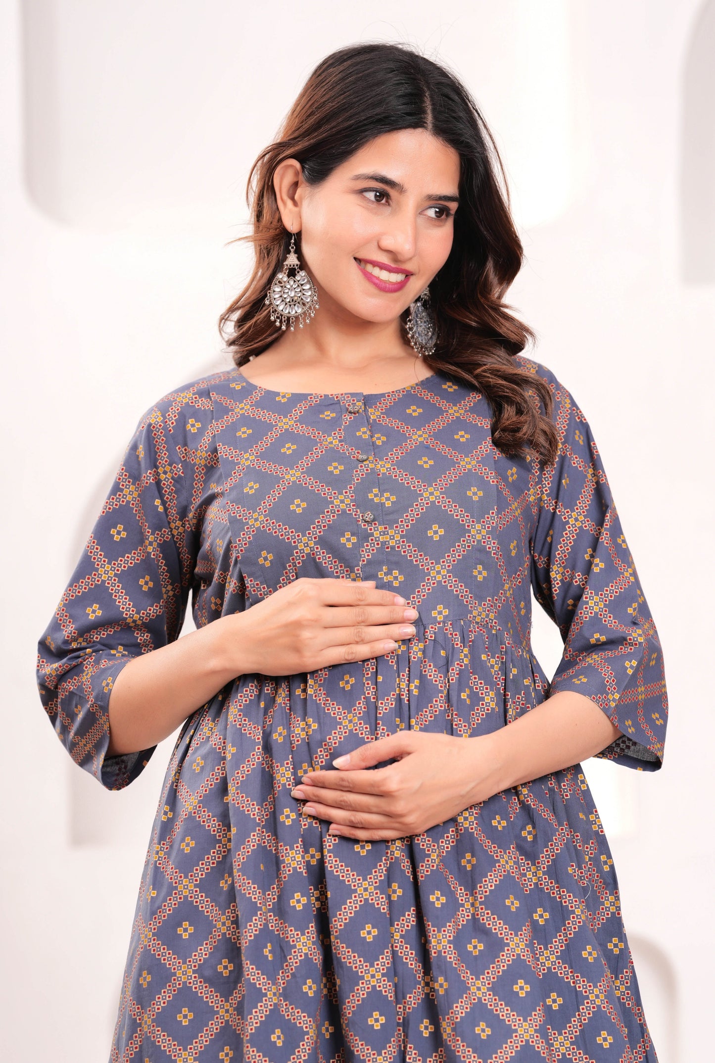 Women Grey Printed Flared Maternity Dress | LASVINI - Redefining Indian Fashion with Elegance