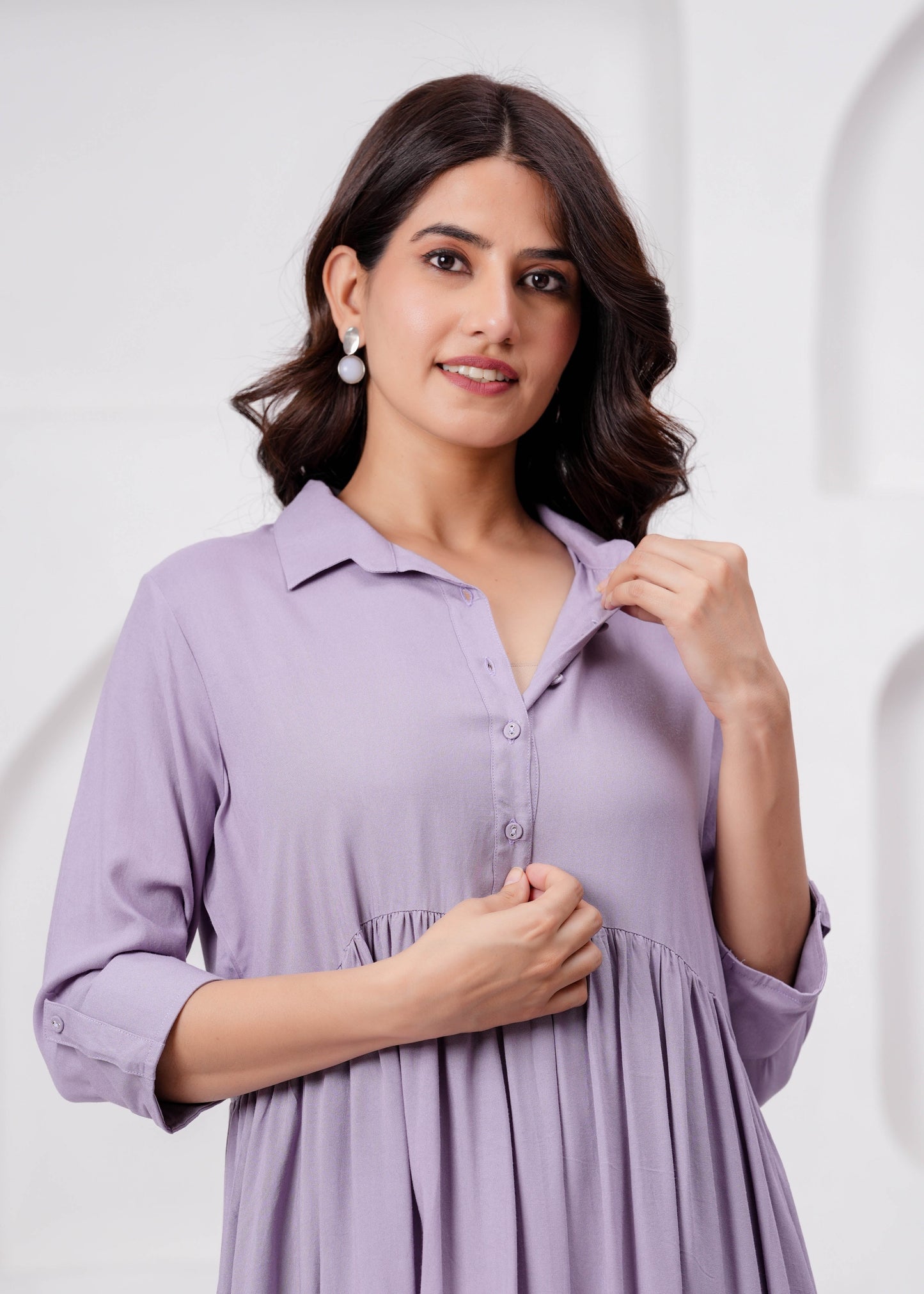 Lavender Solid Flared Maternity Dress For Women | LASVINI - Redefining Indian Fashion with Elegance
